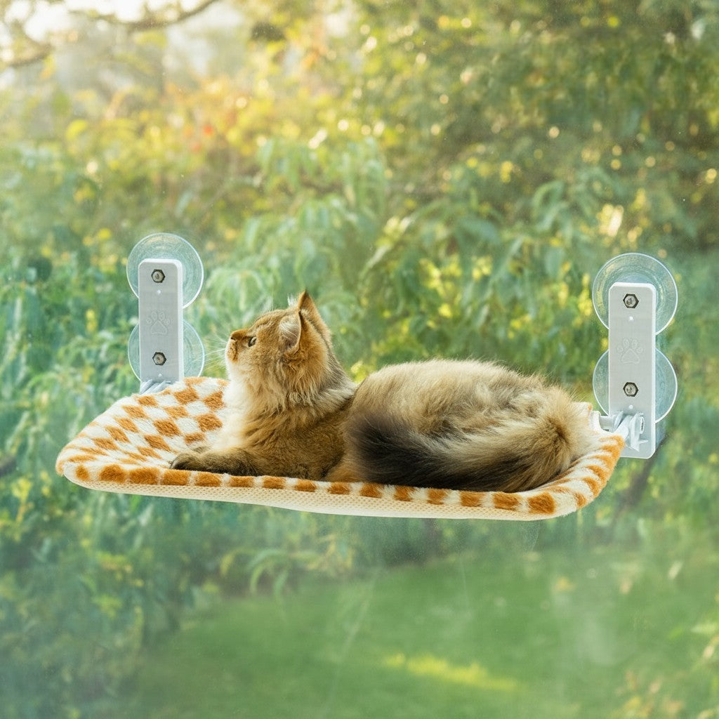 Cat Window Hammock - Steel Frame Perch With Strong Suction Cups For Indoor Cats Brown, Medium